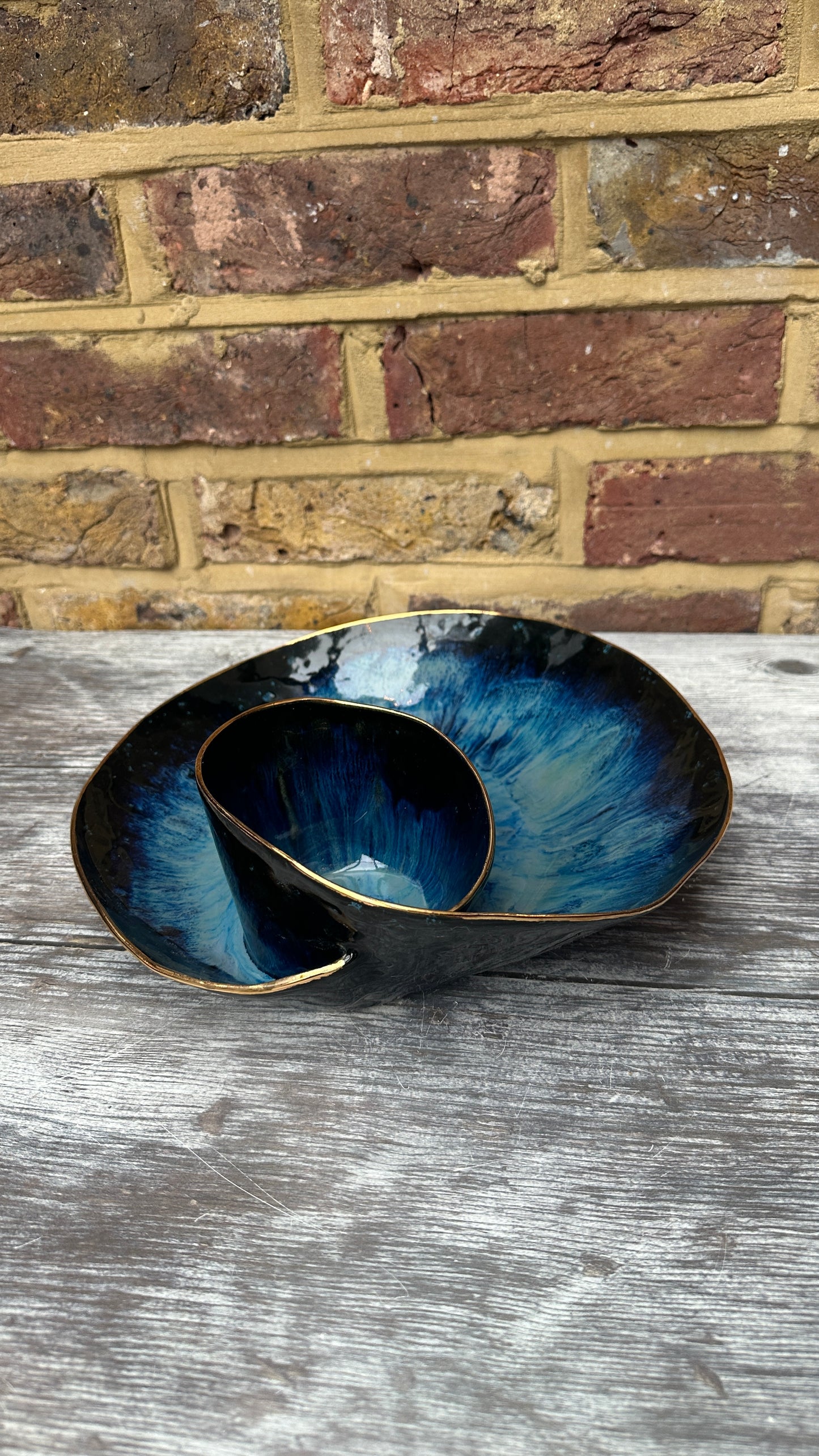 SECONDS SALE  - #L18 Large Magic Blue Swirl Bowl with 24k Gold rim - *crack in glaze