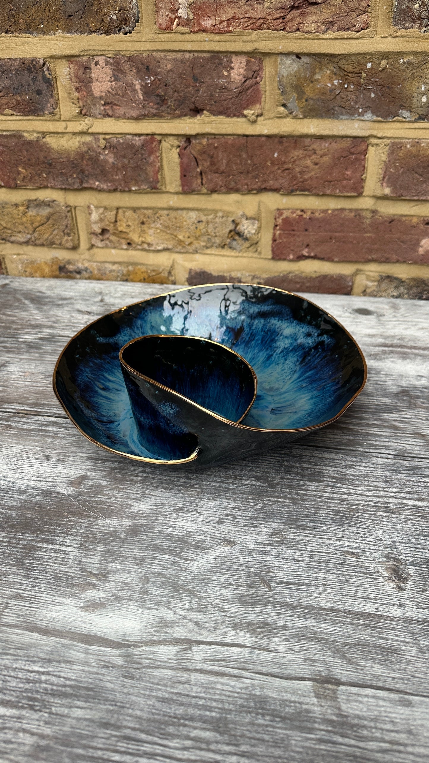 SECONDS SALE  - #L14 Large Magic Blue Swirl Bowl with 24k Gold rim - *crack in glaze