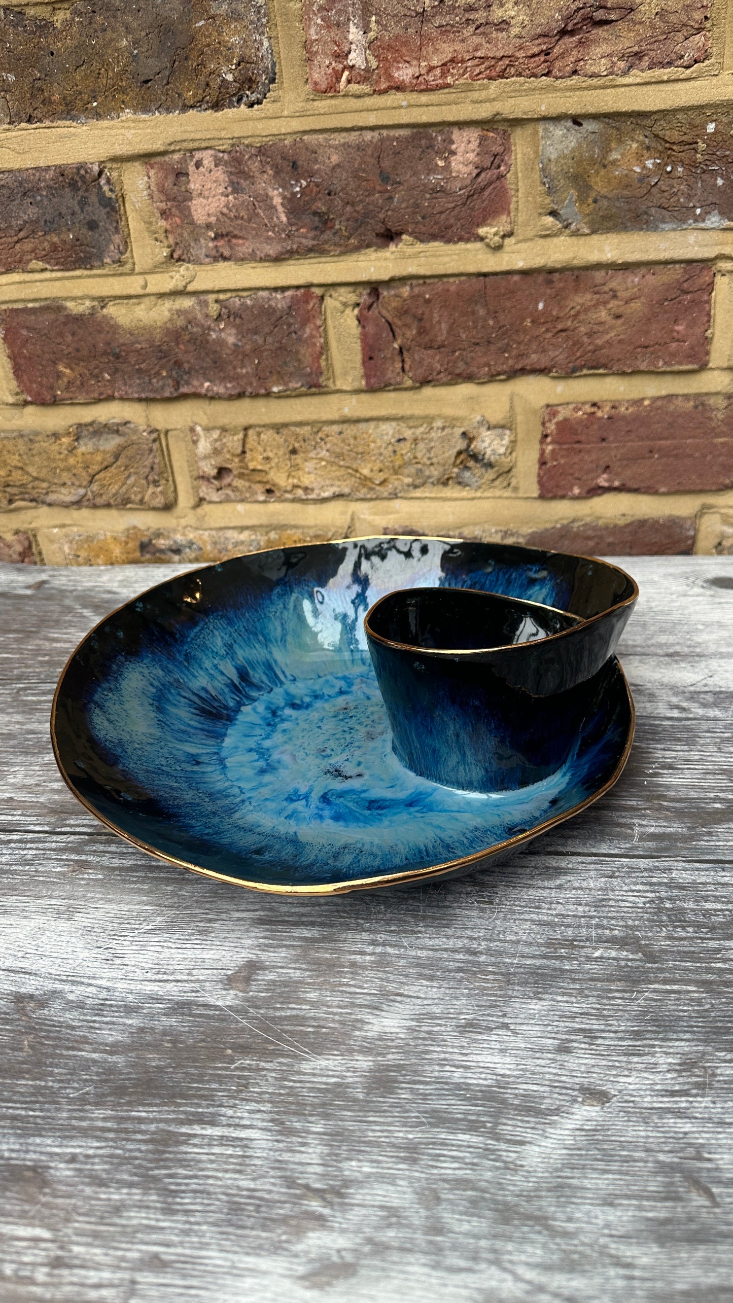 SECONDS SALE  - #L18 Large Magic Blue Swirl Bowl with 24k Gold rim - *crack in glaze