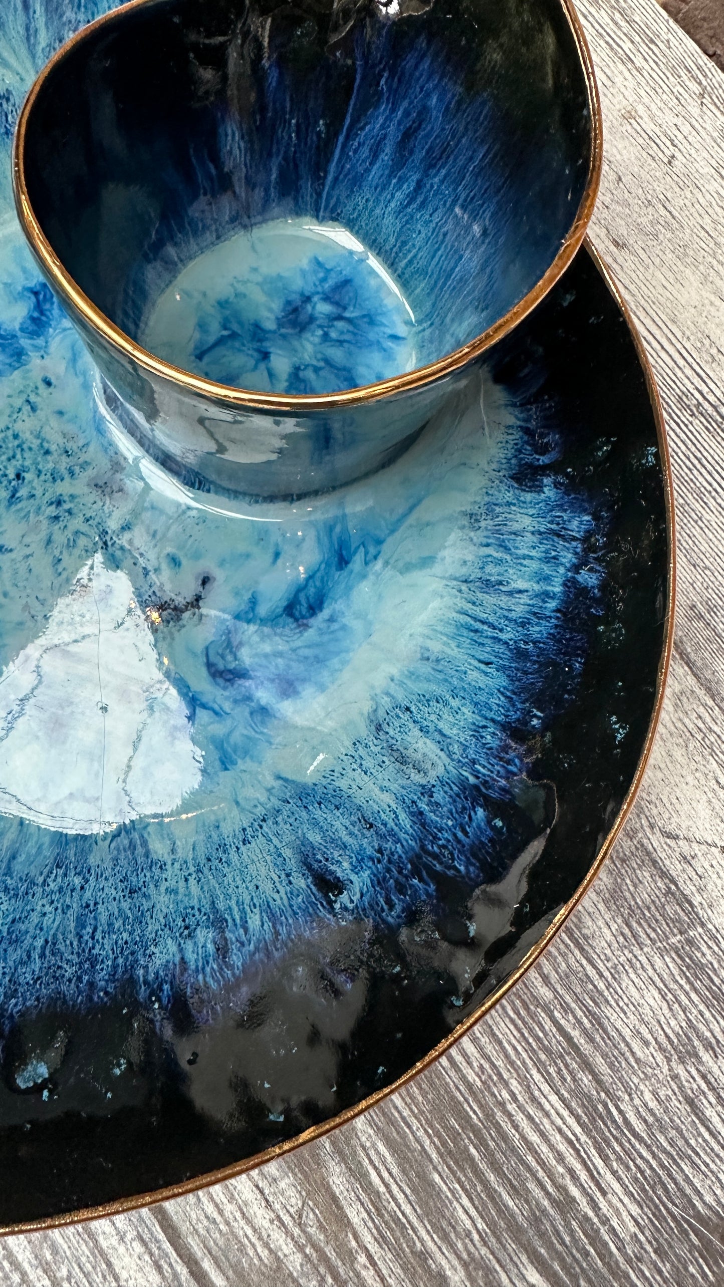 SECONDS SALE  - #L18 Large Magic Blue Swirl Bowl with 24k Gold rim - *crack in glaze