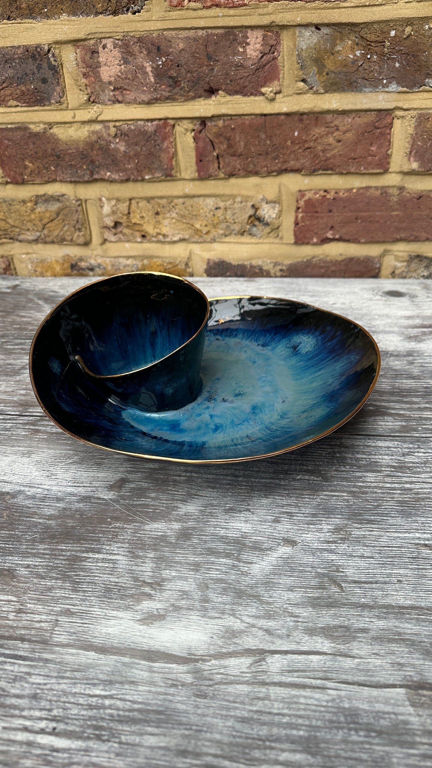 SECONDS SALE  - #L19 Large Magic Blue Swirl Bowl with 24k Gold rim - *crack in glaze