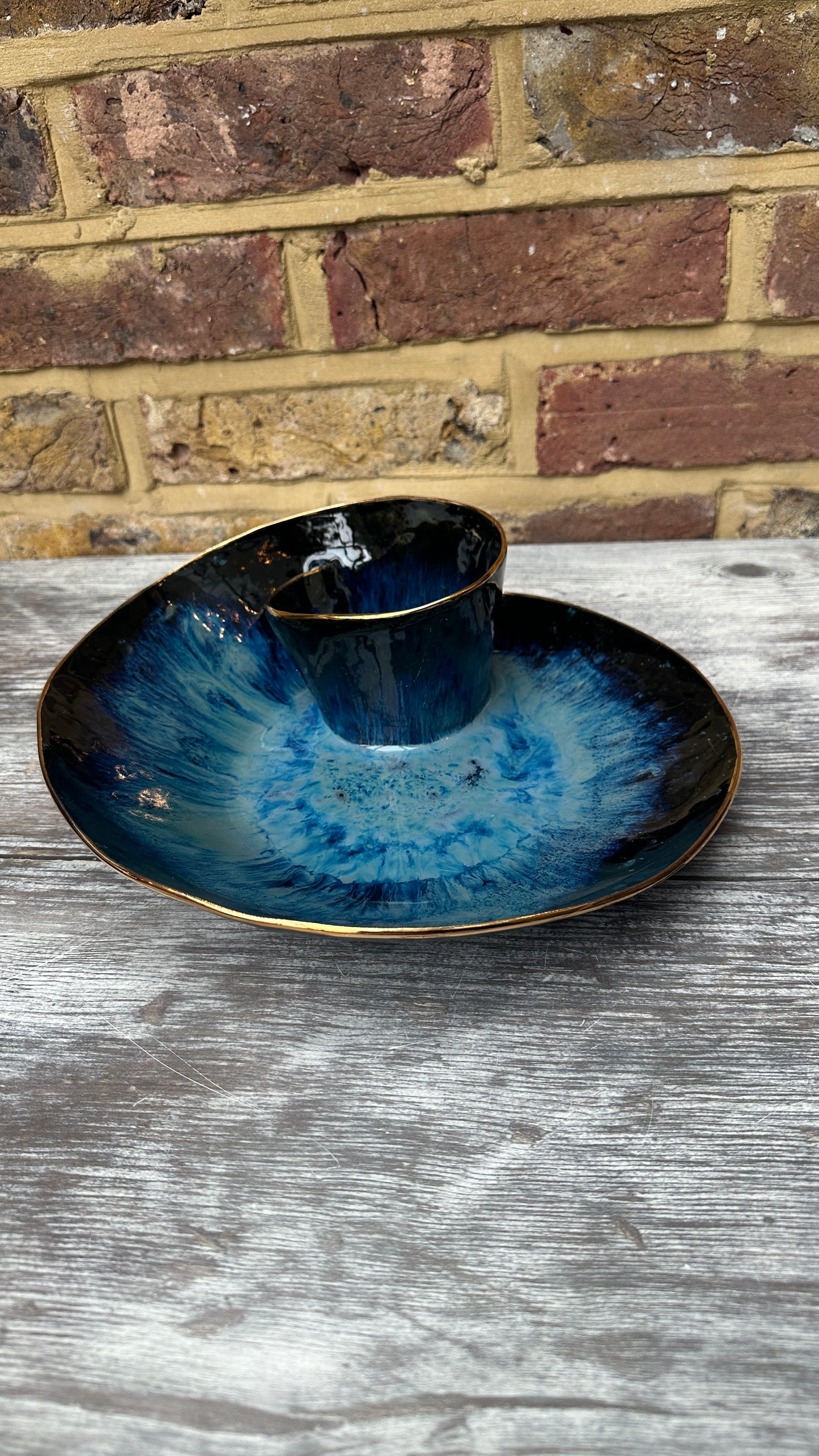 SECONDS SALE  - #L18 Large Magic Blue Swirl Bowl with 24k Gold rim - *crack in glaze