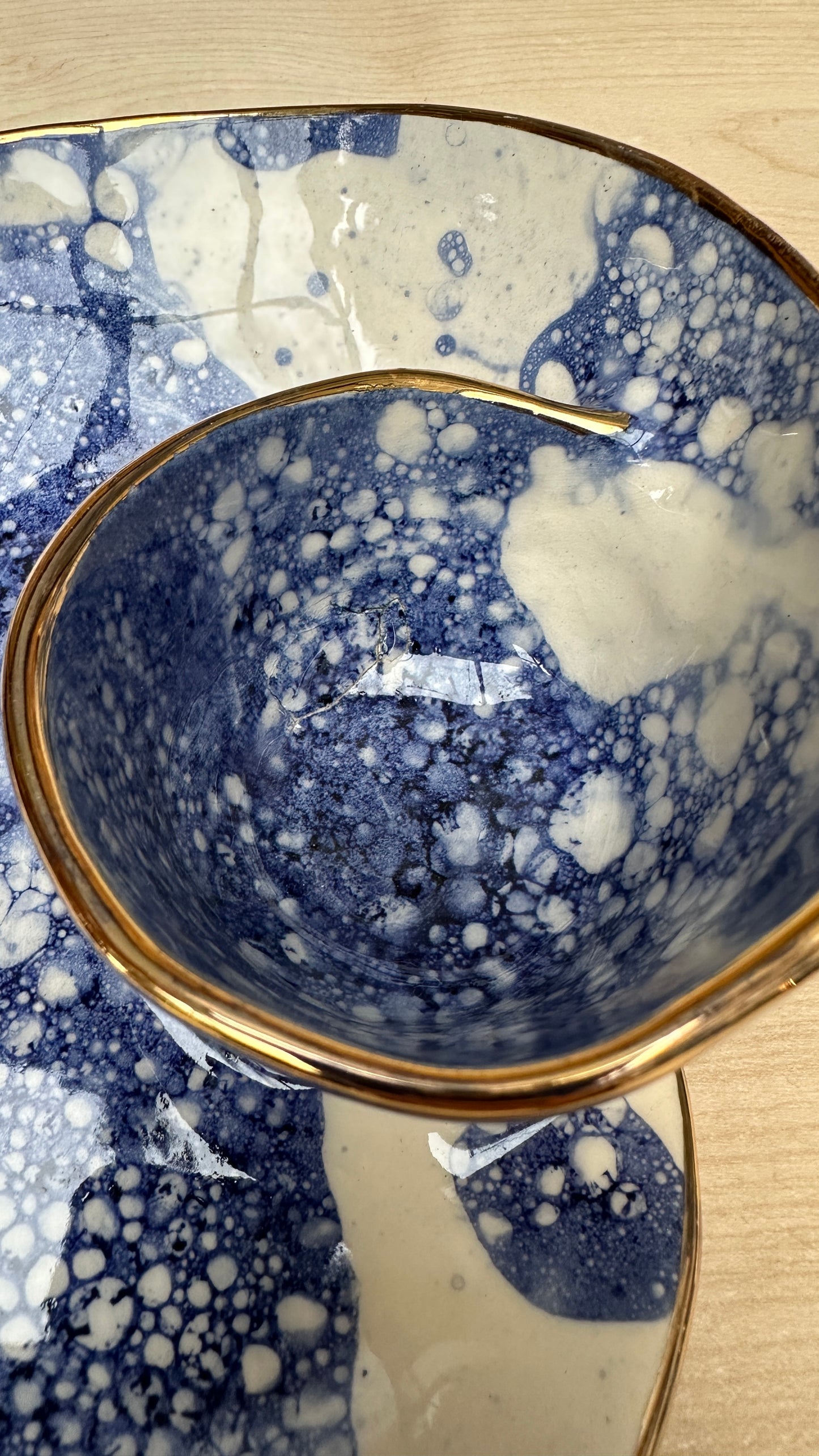 SECONDS SALE  - SEC #S1 Blue Bubble Swirl Bowl with 24k gold rim - *surface crack