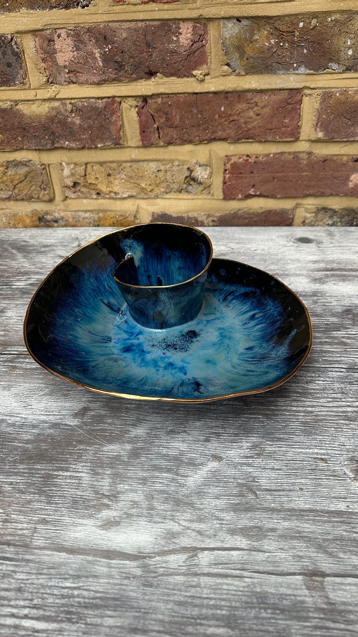 SECONDS SALE  - #L14 Large Magic Blue Swirl Bowl with 24k Gold rim - *crack in glaze