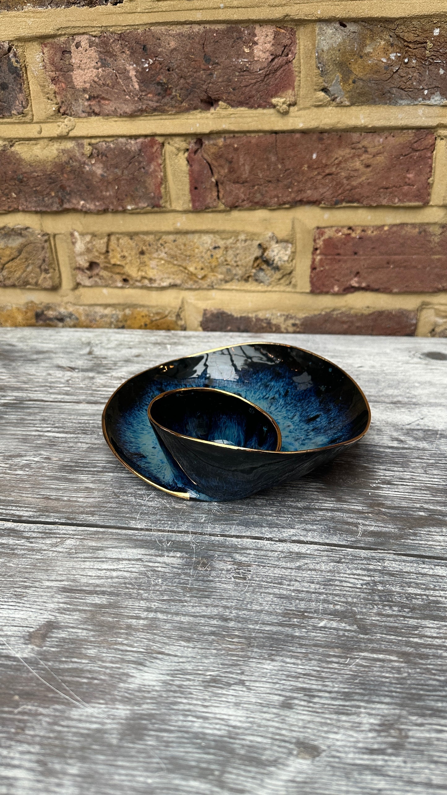 SECONDS SALE  - #S23 Small Magic Blue Swirl Bowl with 24k Gold rim - *crack in glaze