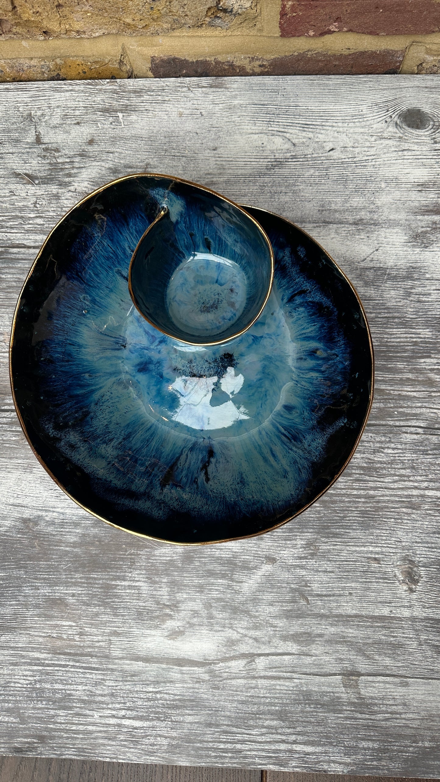 SECONDS SALE  - #L14 Large Magic Blue Swirl Bowl with 24k Gold rim - *crack in glaze