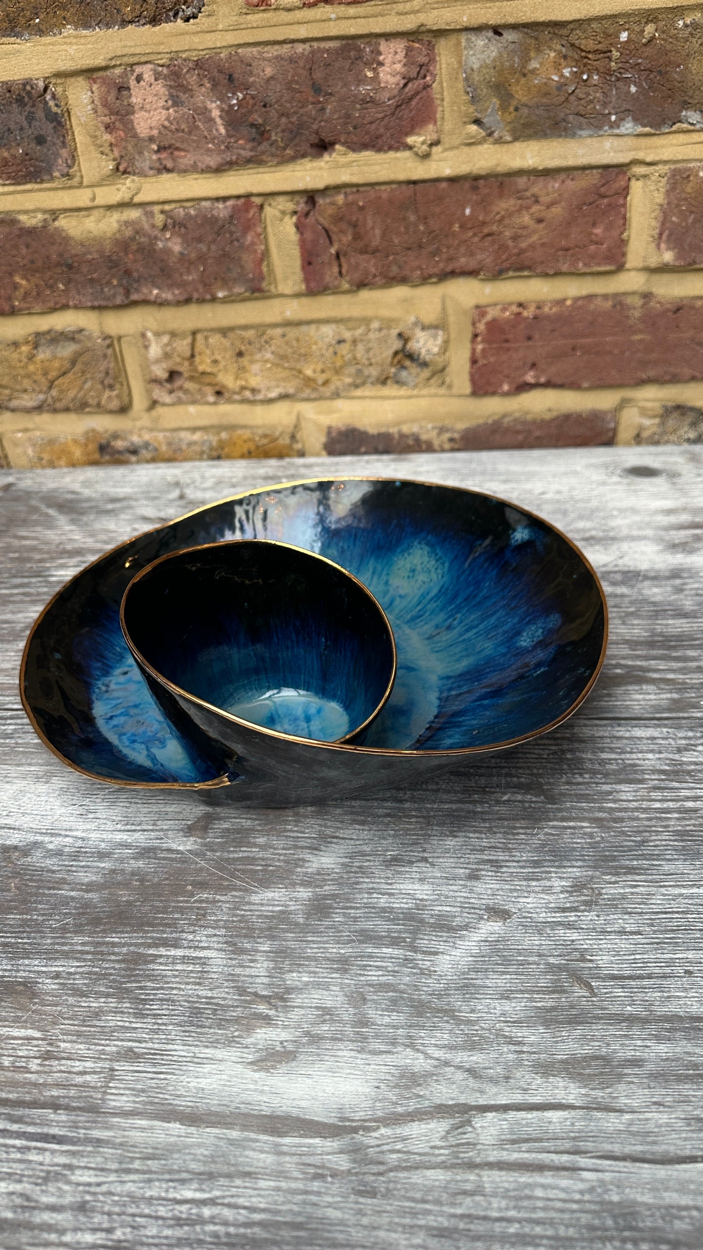 SECONDS SALE  - #L19 Large Magic Blue Swirl Bowl with 24k Gold rim - *crack in glaze