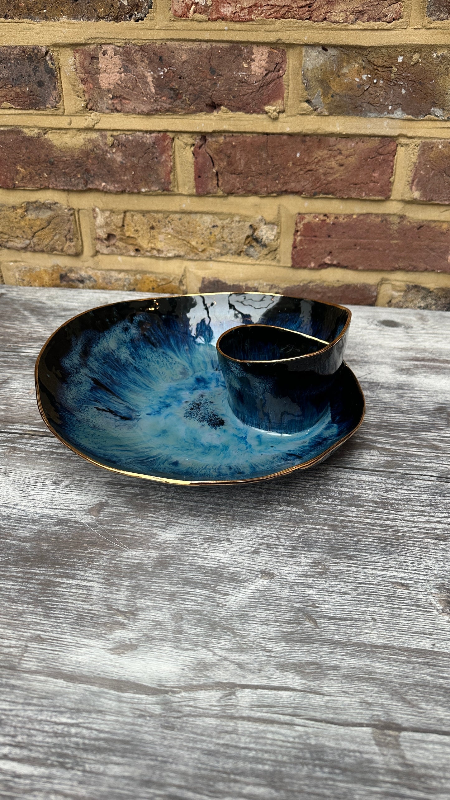 SECONDS SALE  - #L14 Large Magic Blue Swirl Bowl with 24k Gold rim - *crack in glaze