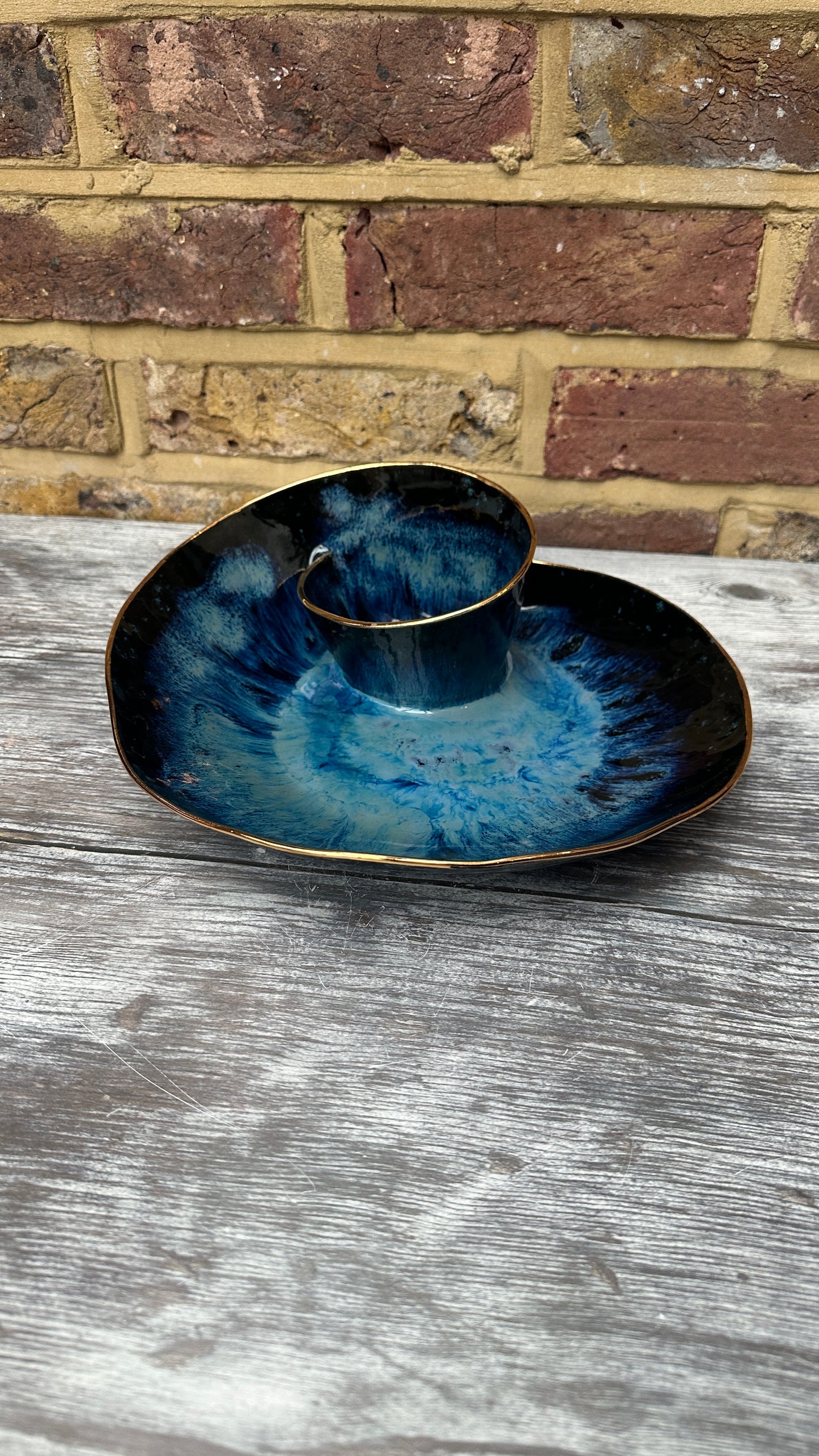 SECONDS SALE  - #L15 Large Magic Blue Swirl Bowl with 24k Gold rim - *crack in glaze