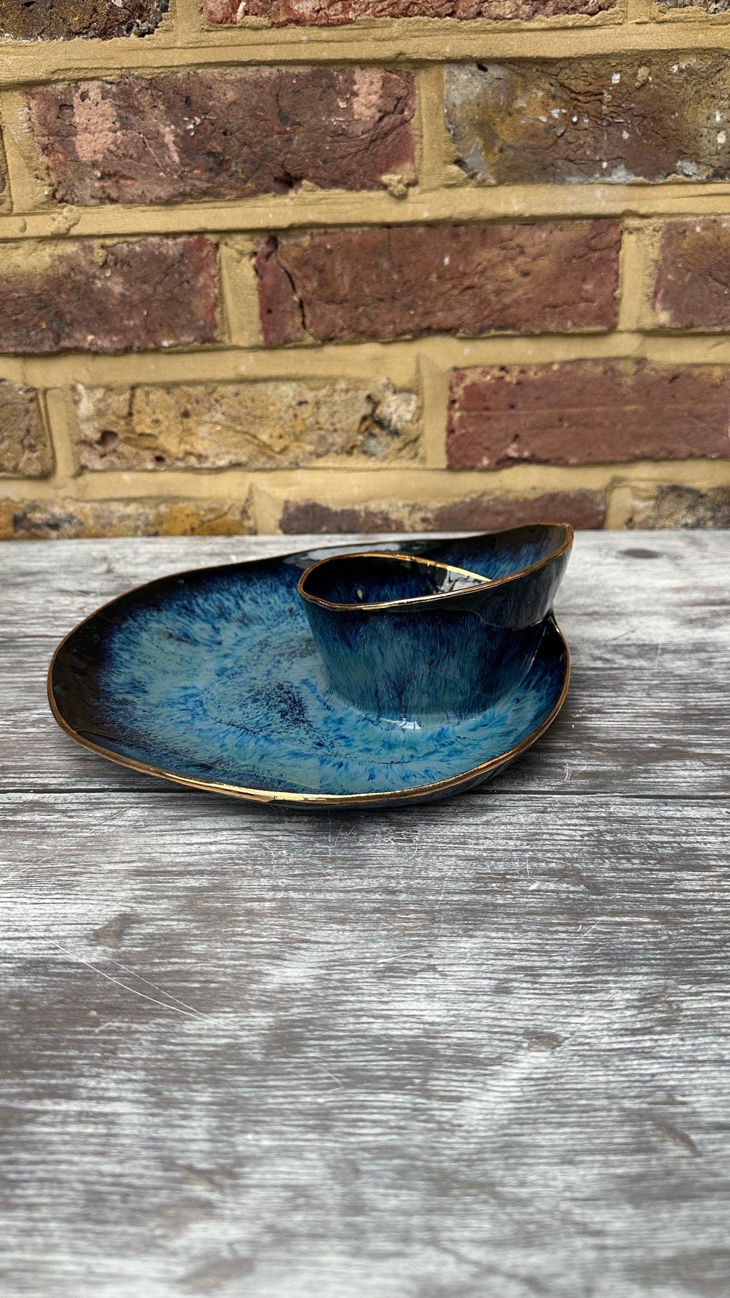 SECONDS SALE  - #M14 Medium Magic Blue Swirl Bowl with 24k gold rim - *crack in glaze