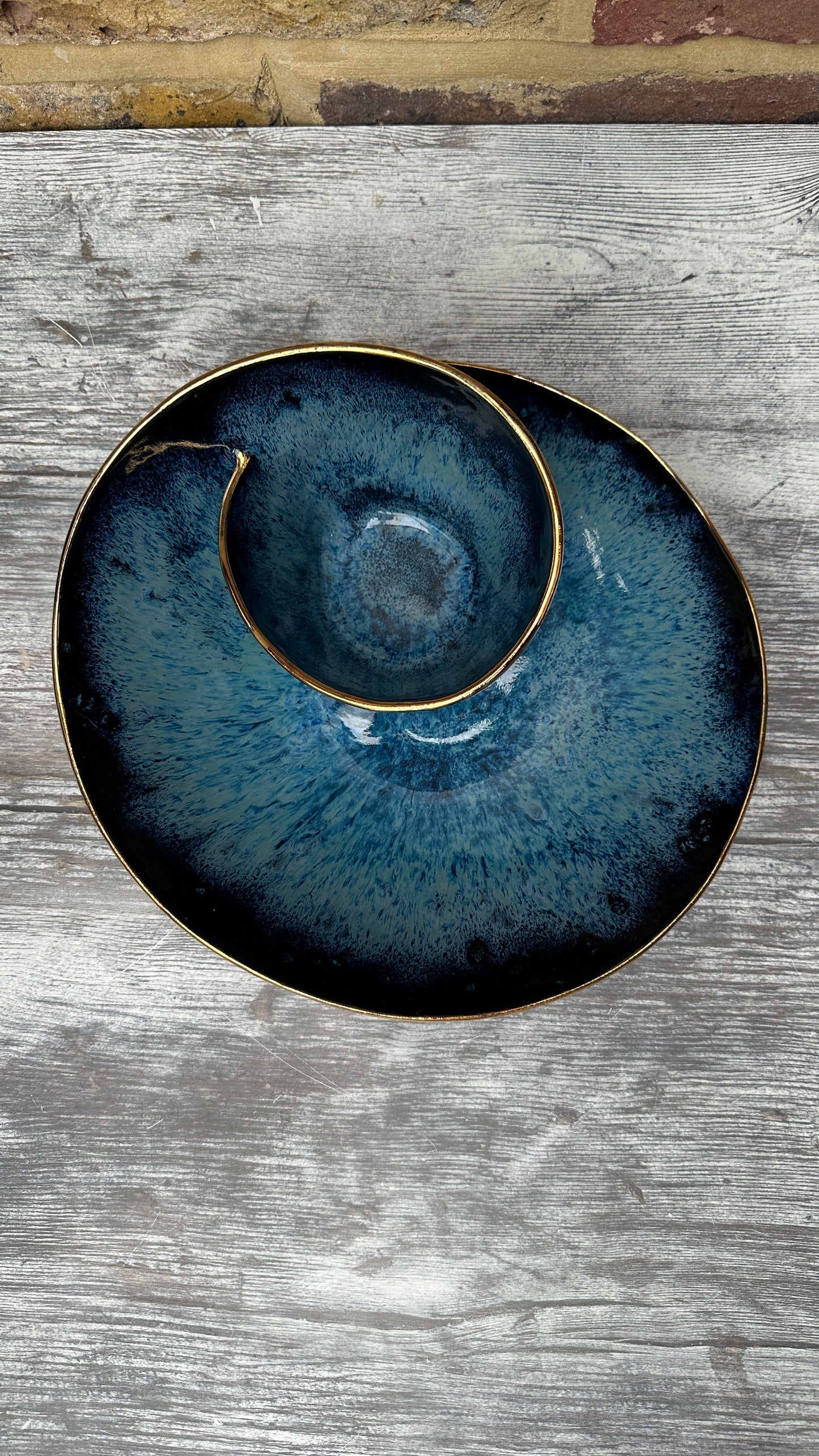 SECONDS SALE  - #L16 Large Magic Blue Swirl Bowl with 24k Gold rim - *crack in glaze