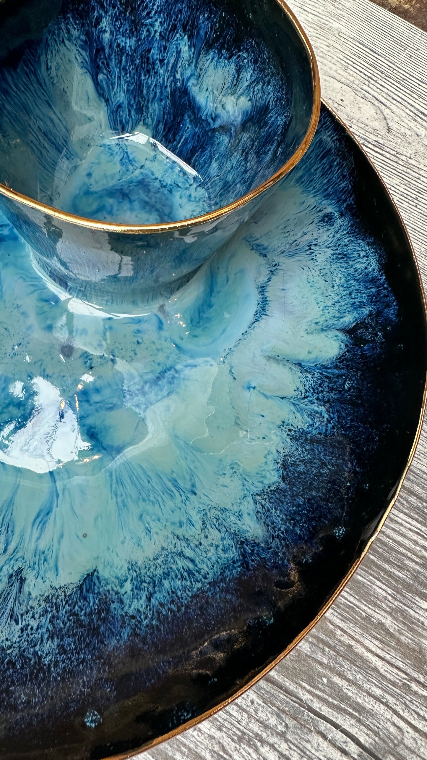 SECONDS SALE  - #L17 Large Magic Blue Swirl Bowl with 24k Gold rim - *crack in glaze