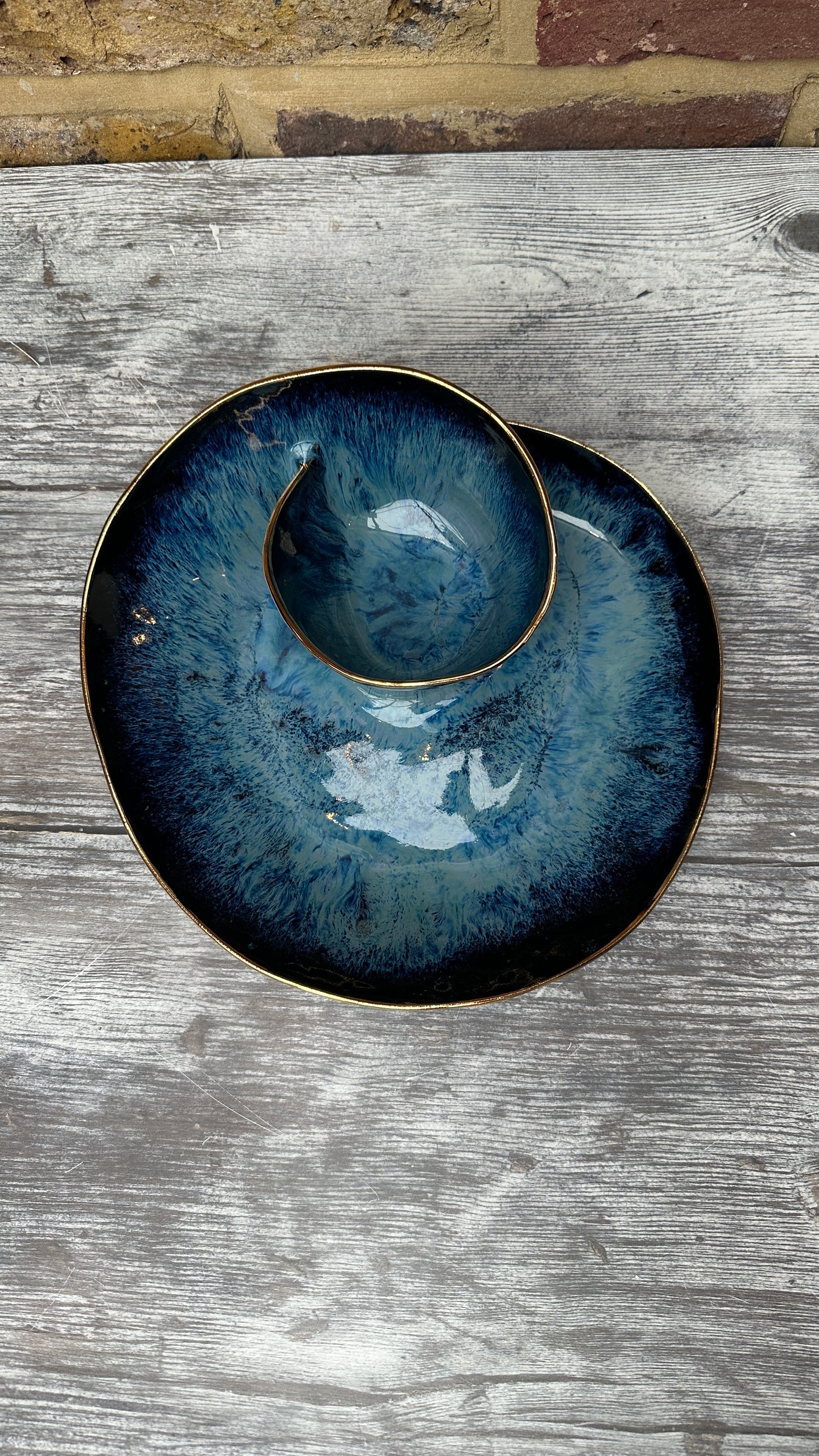 SECONDS SALE  - #M14 Medium Magic Blue Swirl Bowl with 24k gold rim - *crack in glaze