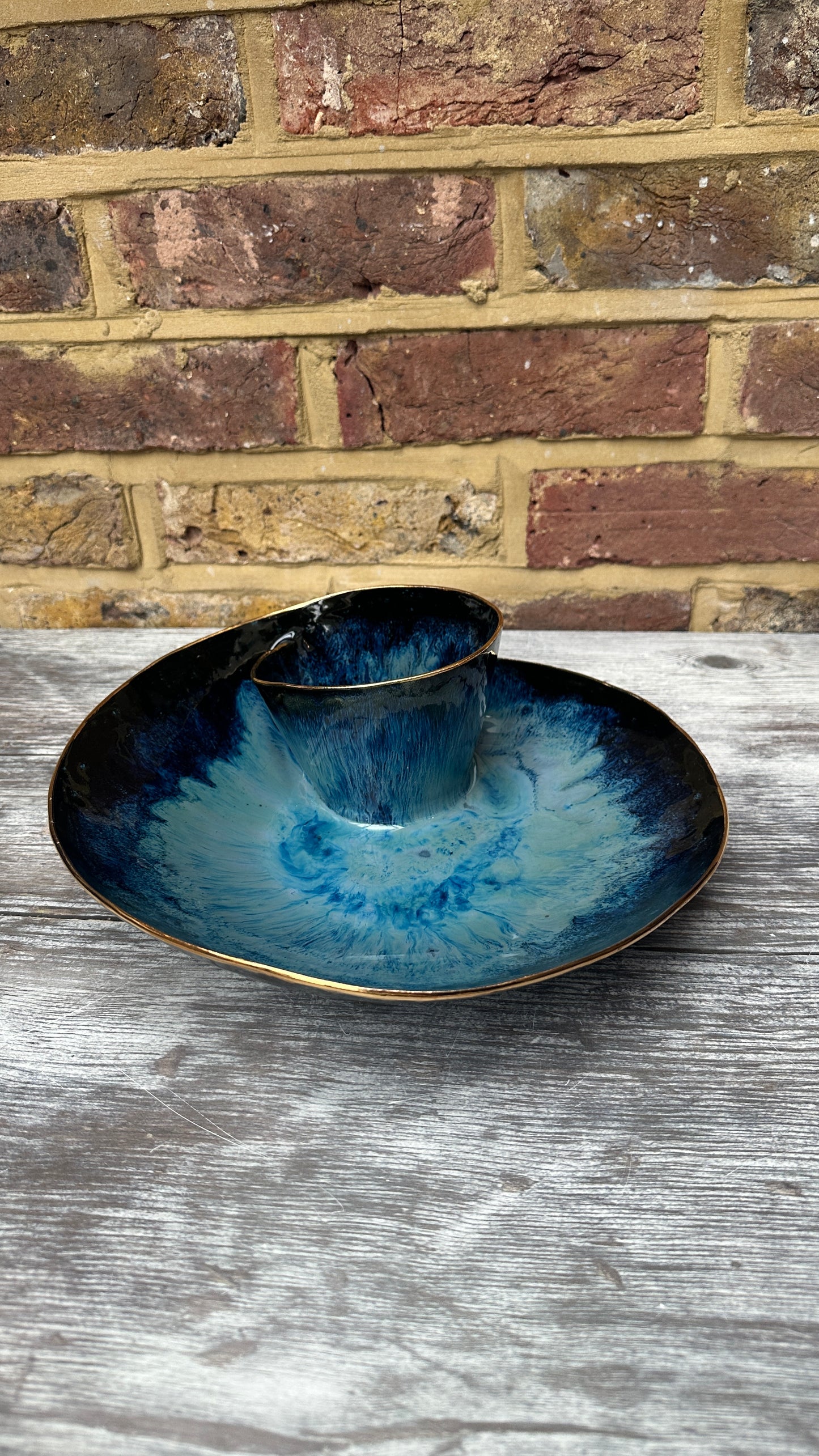 SECONDS SALE  - #L17 Large Magic Blue Swirl Bowl with 24k Gold rim - *crack in glaze