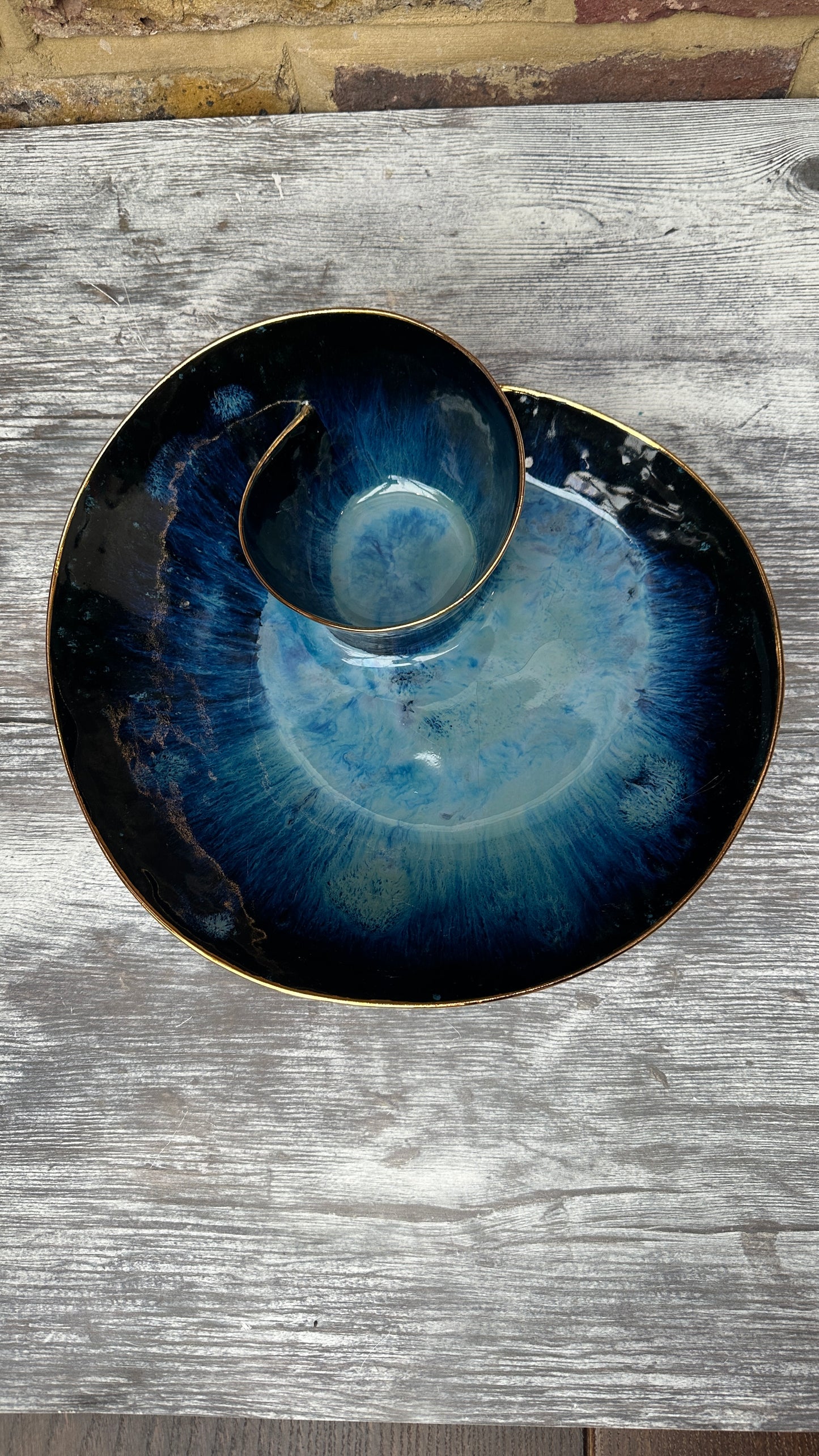 SECONDS SALE  - #L19 Large Magic Blue Swirl Bowl with 24k Gold rim - *crack in glaze