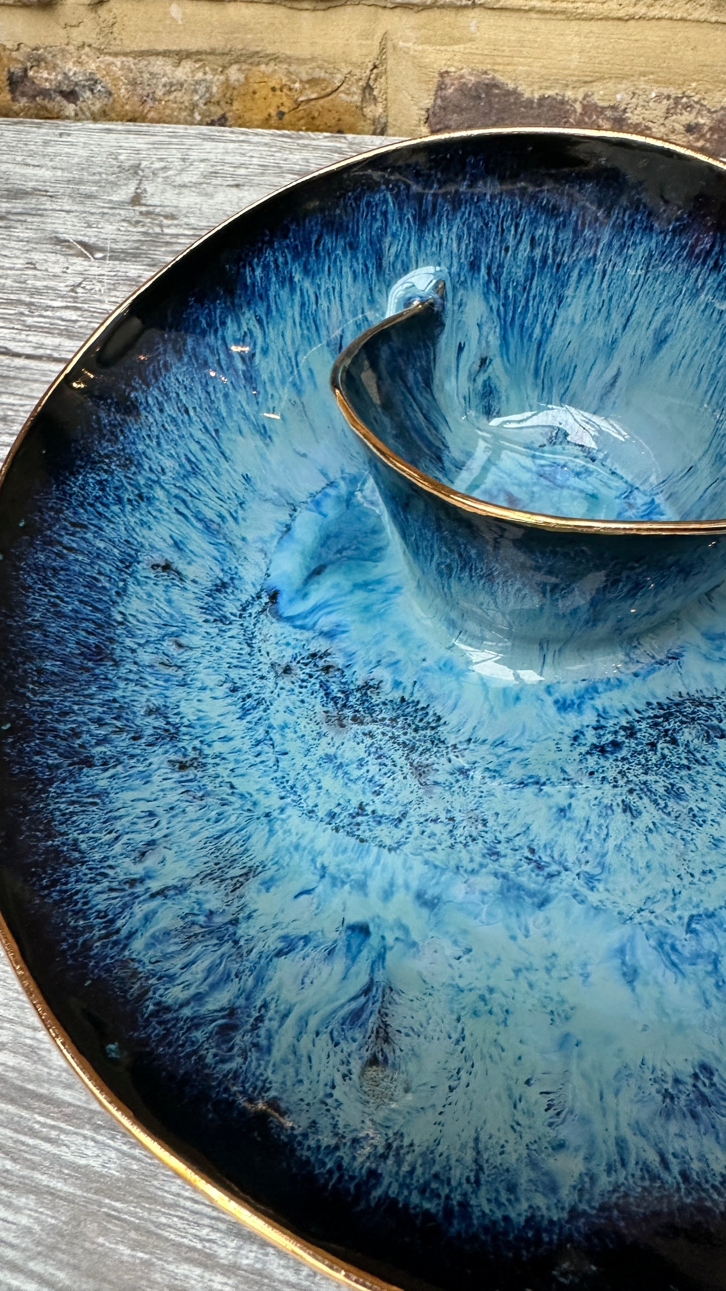 SECONDS SALE  - #M14 Medium Magic Blue Swirl Bowl with 24k gold rim - *crack in glaze