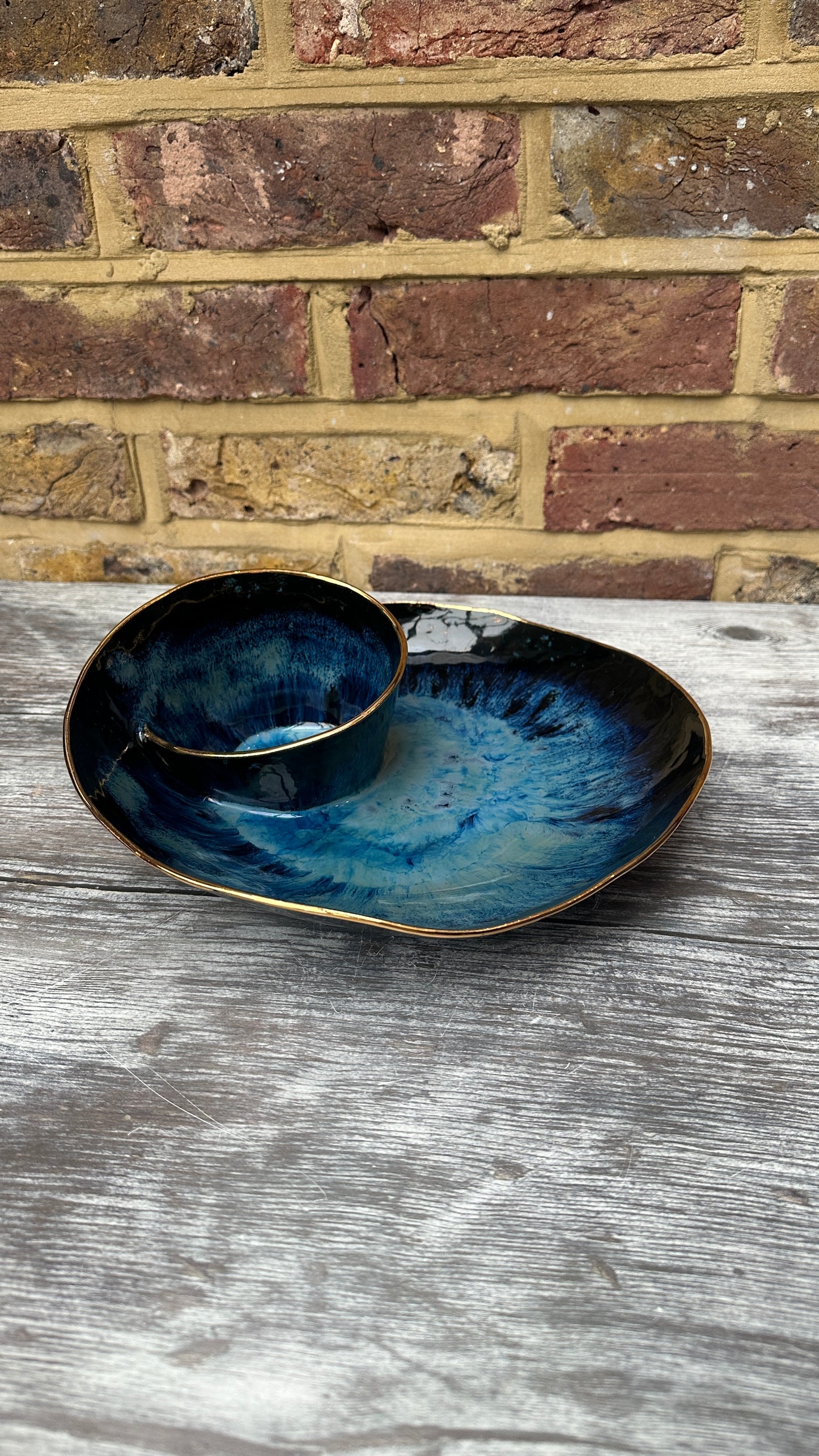 SECONDS SALE  - #L15 Large Magic Blue Swirl Bowl with 24k Gold rim - *crack in glaze