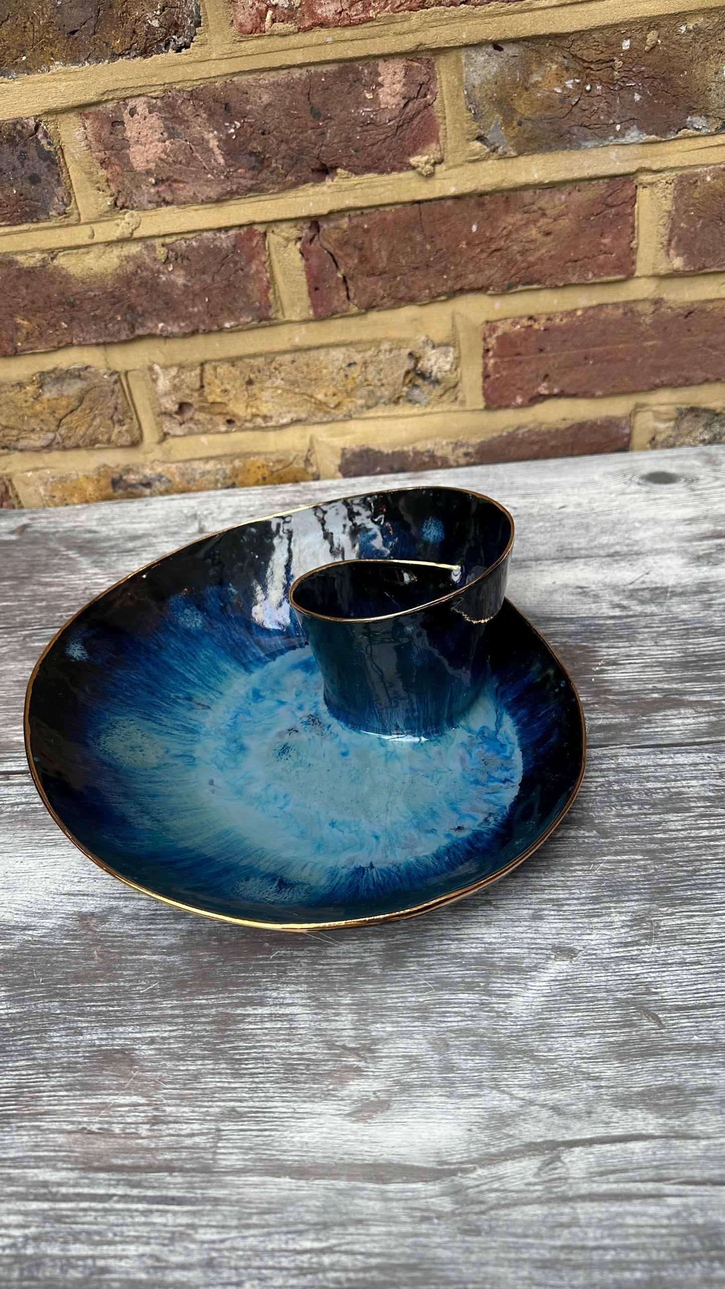 SECONDS SALE  - #L19 Large Magic Blue Swirl Bowl with 24k Gold rim - *crack in glaze