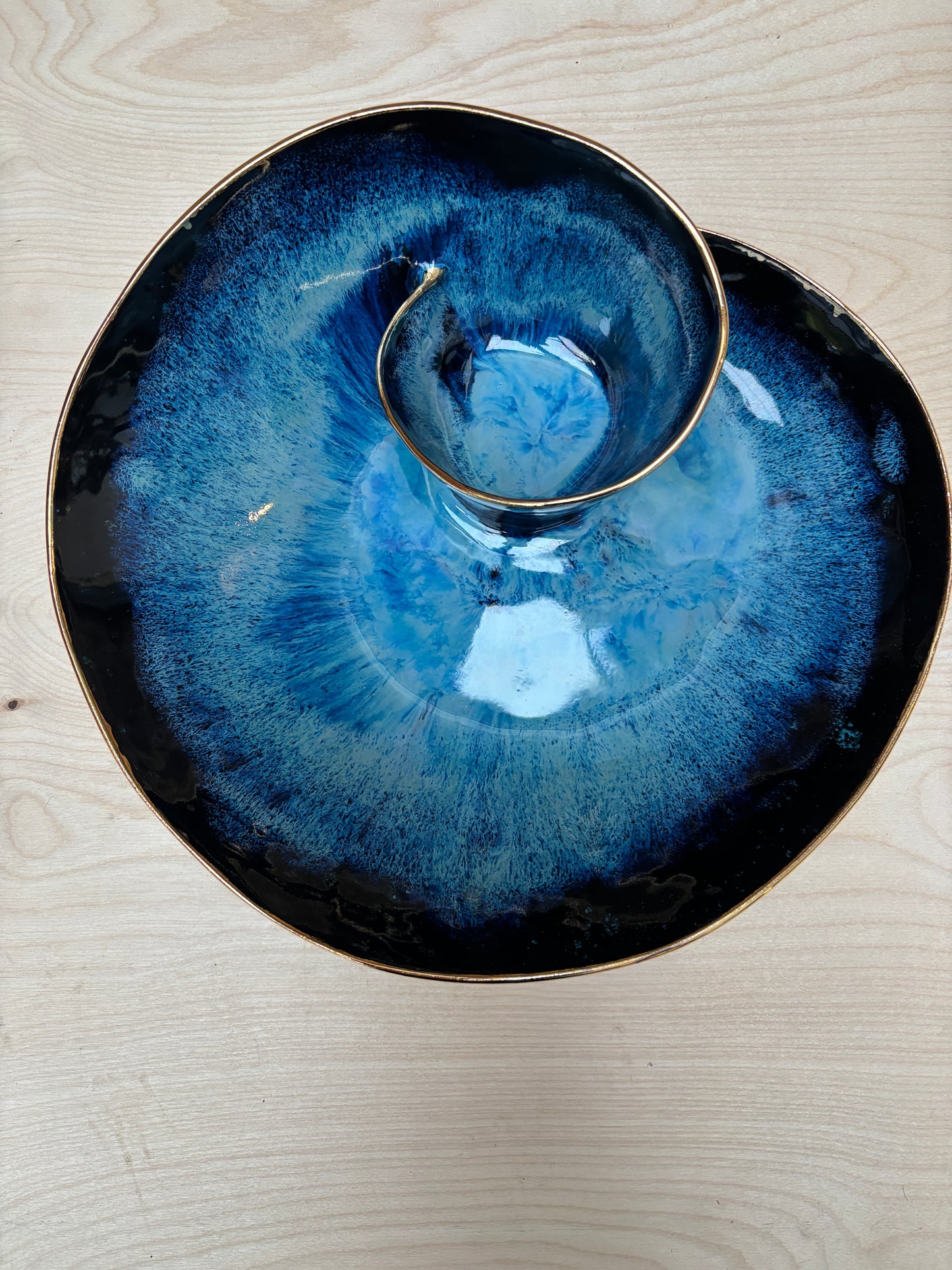 SECONDS SALE  - SEC #XL8 Magic Blue Swirl Bowl with 24k Gold Rim- *hairline crack