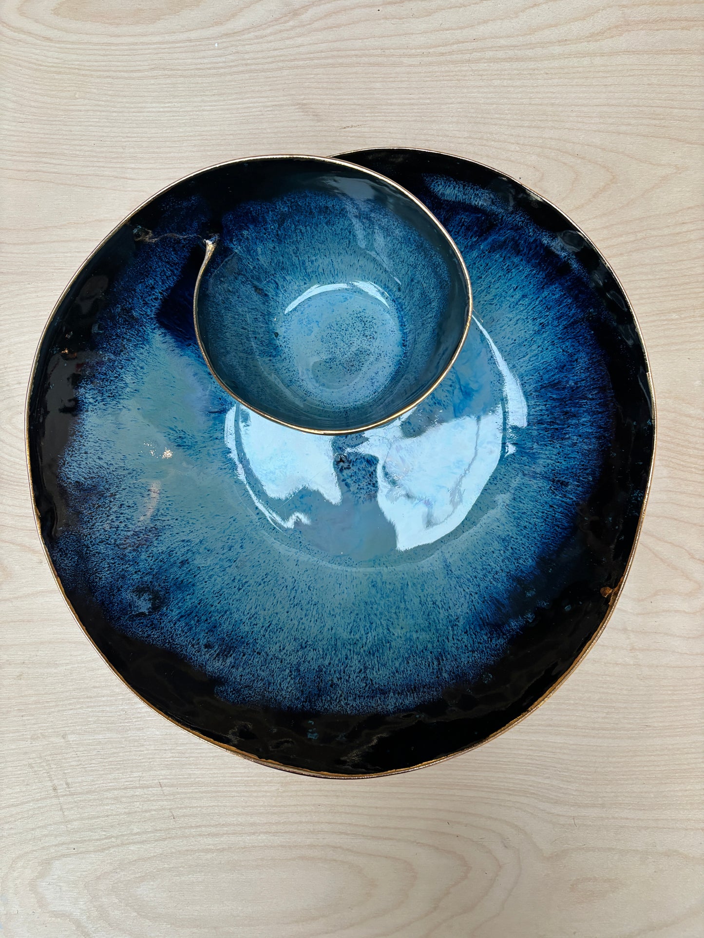 SECONDS SALE  - SEC #XL9 Magic Blue Swirl Bowl with 24k Gold Rim- *crack in glaze